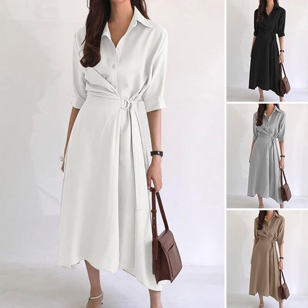 Women Kaftan Solid Lapel Button Down Long Shirt Dress Elagant Party Office Slim Sundress - Life is Beautiful for You - SheChoic