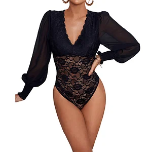 Elegant And Comfortable Bubble Long Sleeve Lace Deep V-neck Bodysuit Lc32872