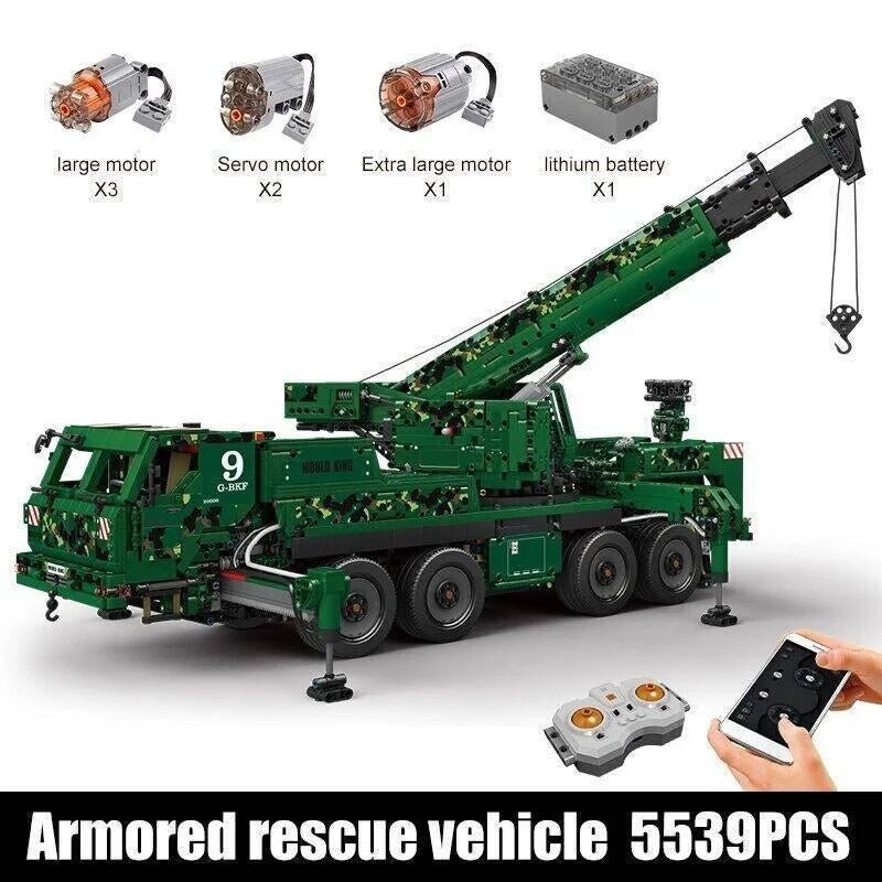 MOC RC APP Heavy Armored Rescue Crane Truck Bricks Kids Toys