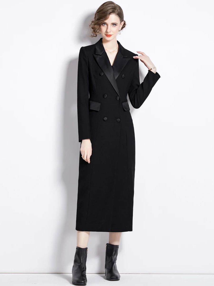 Autumn Winter Trench Coat For Women Notched Suit Collar Double-Breasted Black Color Long Coat Elegant Office Lady Jackets