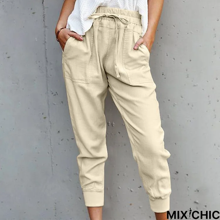 Casual Pockets Solid Pants