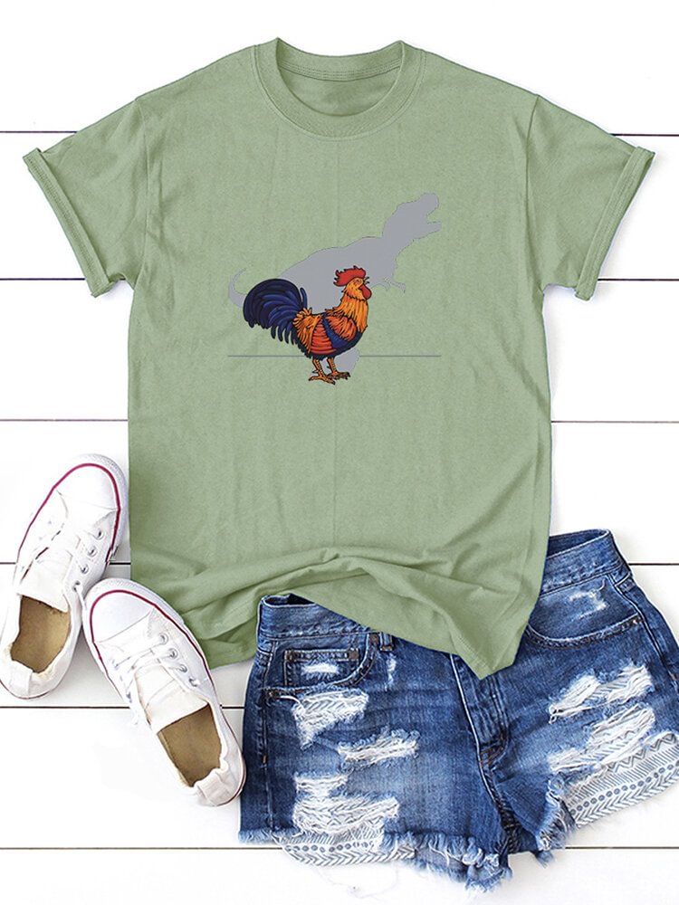 Cartoon Rooster Dinosaur Print Casual Short Sleeve T Shirt For Women P1796136