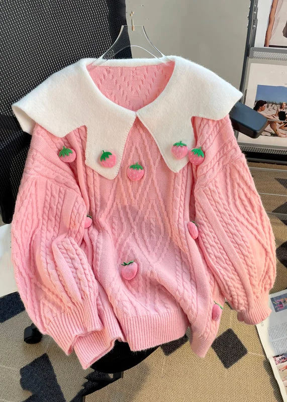 Beautiful Pink Strawberry Patchwork Cozy Knit Tops Winter