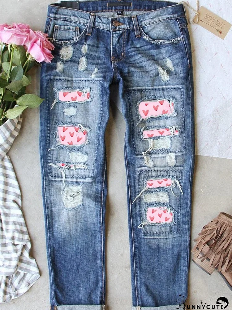 Valentine's Day Heart Print Blue Patchwork Denim Jeans