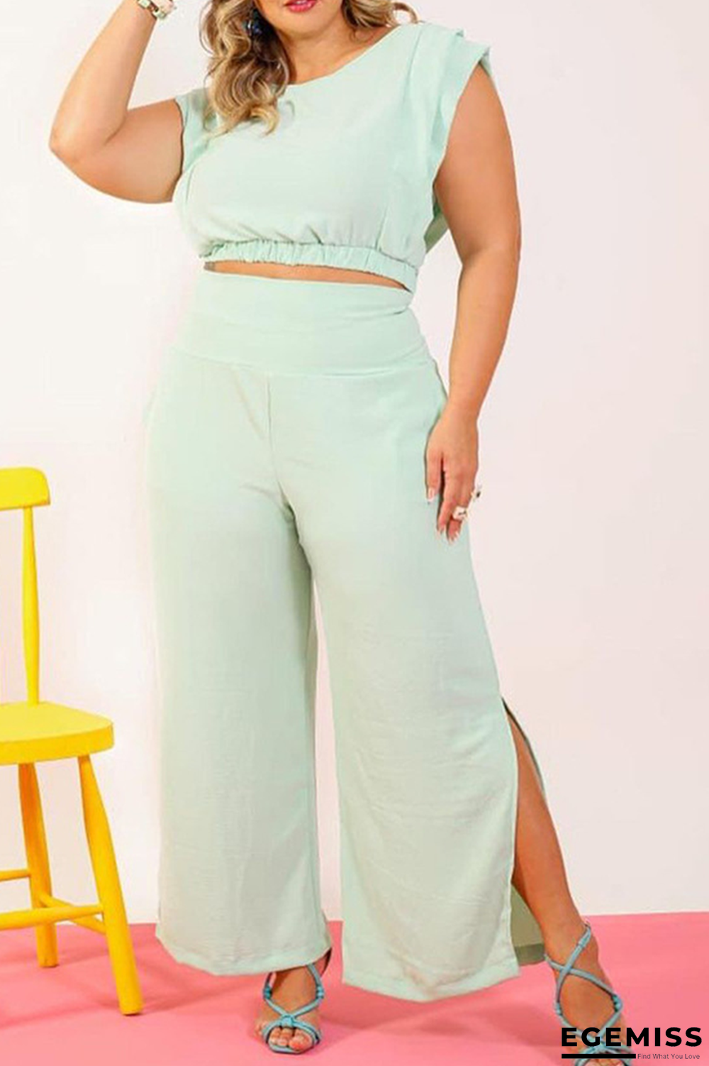Mint green Casual Solid Patchwork O Neck Plus Size Two Pieces | EGEMISS