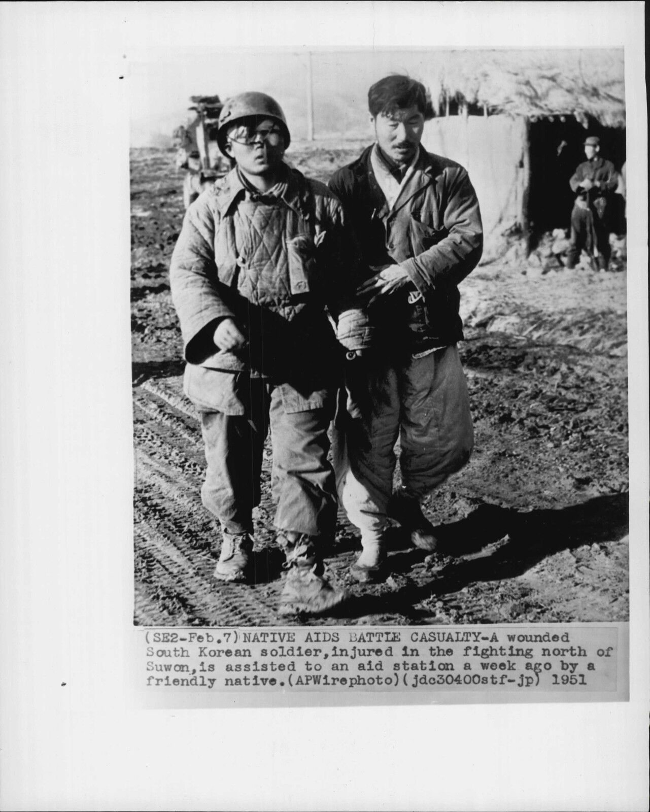 South Korean Local Helps A Wounded Soldier 1951 Korean War Press Photo Poster painting