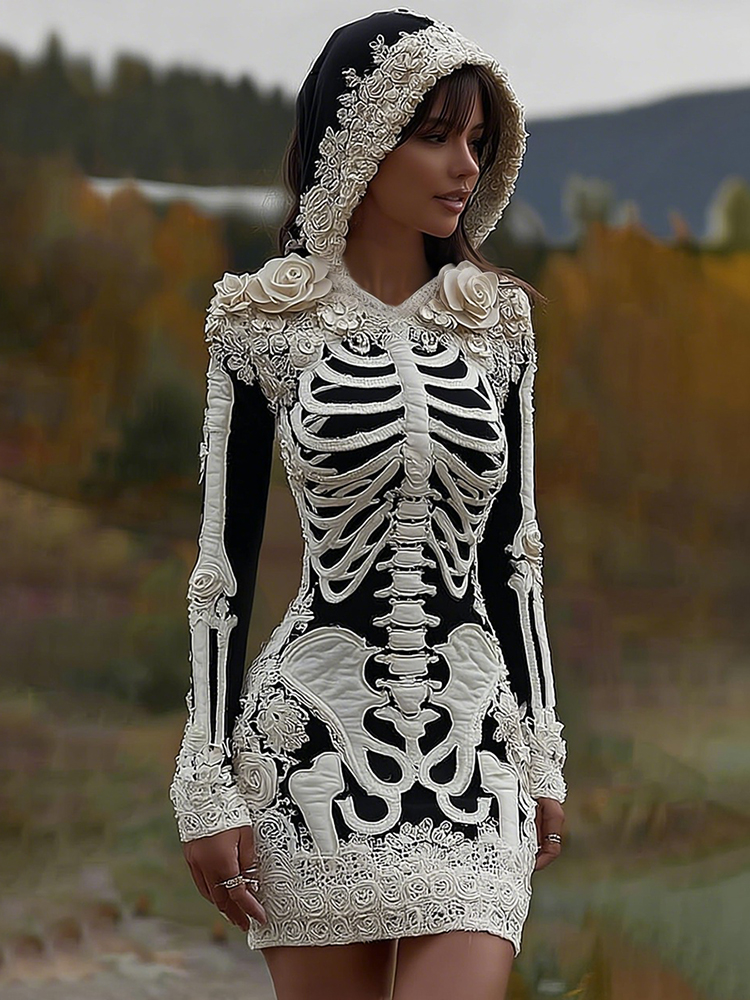 Women's Vintage Halloween Skeleton Bones With Rose Art Cozy Knit Hooded Sweater Dress wearshes