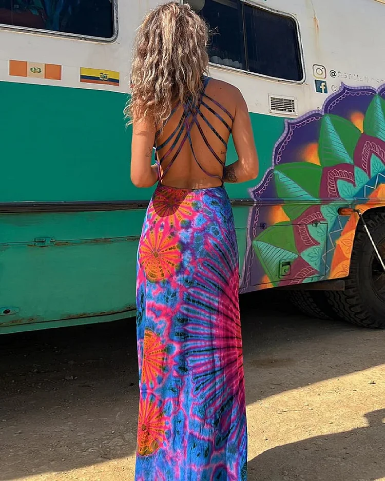 Tie-Dye Maxi Dress with Flirty Back Lace-Up Detail