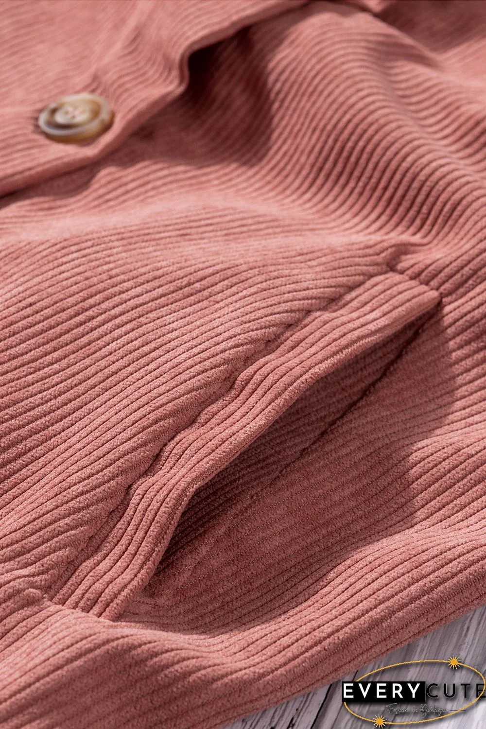 Pink Ribbed Corduroy Long Sleeve Jacket with Pocket