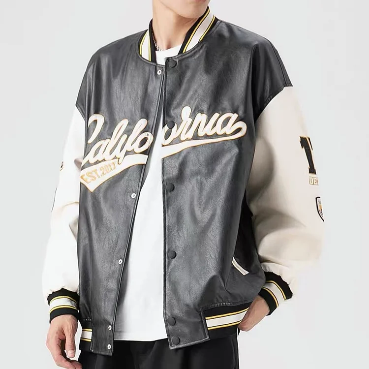 Men's Retro Letters Embroidery Leather Coat Baseball Varsity Jacket at Hiphopee