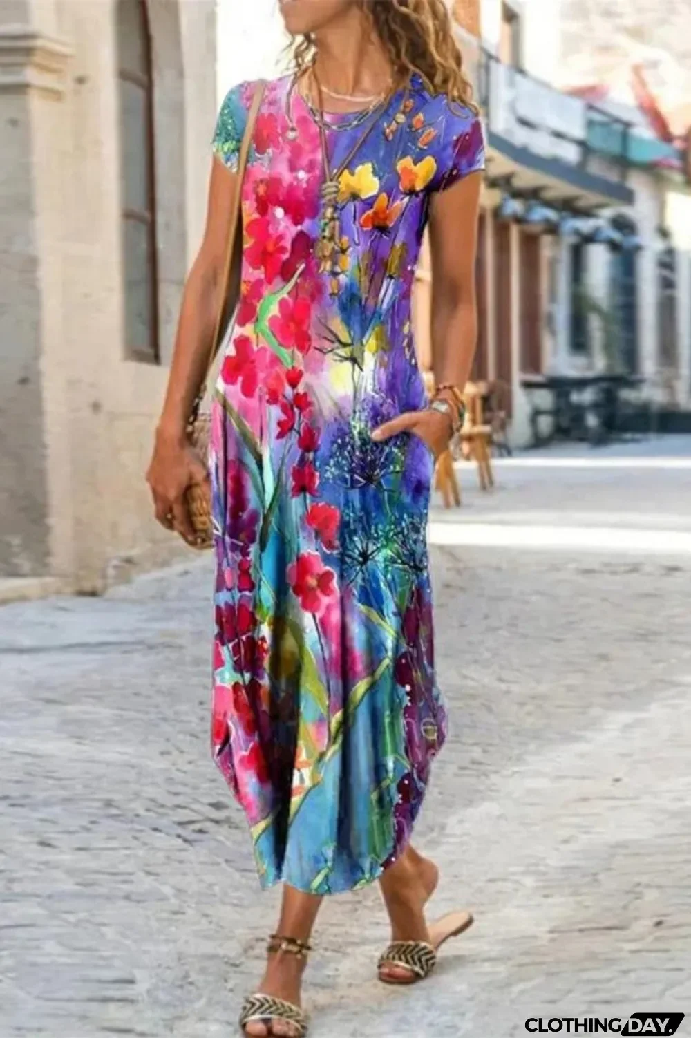 Fashion Floral Print Casual Short Sleeve Bohemian Retro Slim Maxi Dress