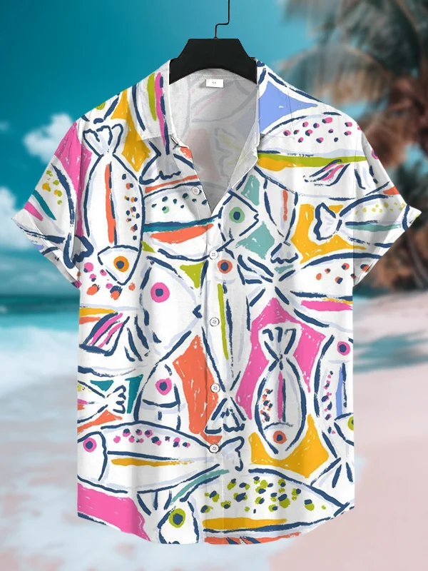 Men's Multicolor Fish Doodle Art Print Shirt