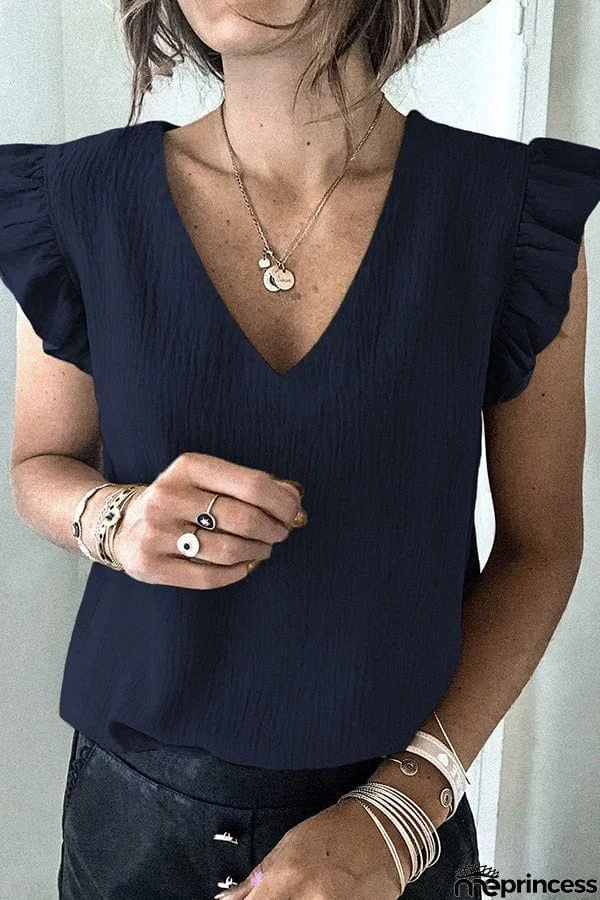Casual T-shirt Solid V-neck Pullover Ruffle Sleeve Top