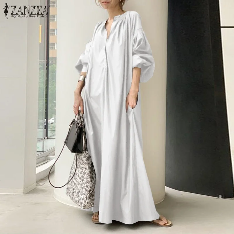Autumn Sundress ZANZEA Fashion Women Lantern Sleeve Maxi Long Dress Oversized Dresses Spring V Neck Solid Loose Party Vestidos