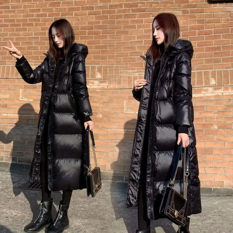 Black Long Hooded Puffer Coat for Women - Bruna