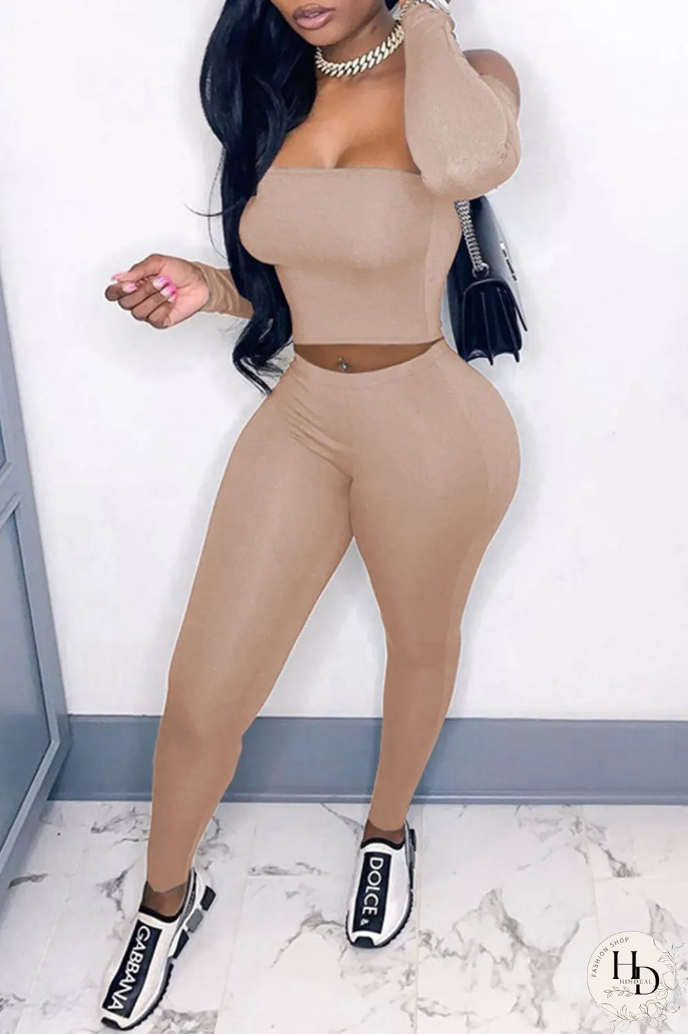 Rose Red Sexy Casual Solid Backless Off the Shoulder Long Sleeve Two Pieces