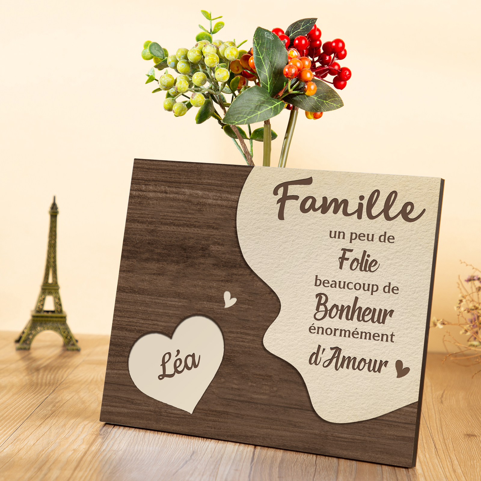 Cadre en Bois Cœur 1 Prénoms Personnalisés pour Famille