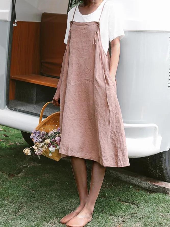 Pink Sleeveless Spaghetti Plain Dresses