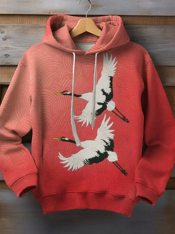 Men's Japanese Crane Art Print Long Sleeve Hoodie