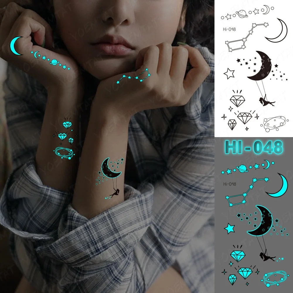 Blue Luminous Glow Tattoo Sticker Mountain Moon Waterproof Temporary Tatoo Nature Forest Sea Fake Tatto For Body Art Women Men