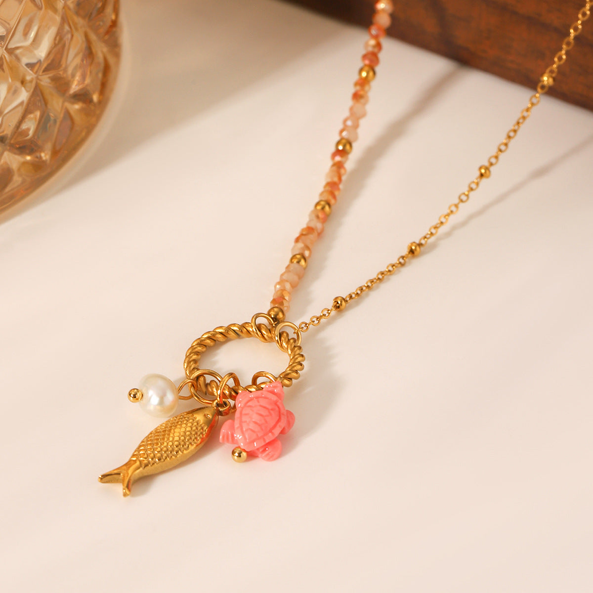 Summer Ocean Style Titanium Steel Necklace Niche Design Turtle Pearl Goldfish Pendant Stainless Steel Clavicle Chain