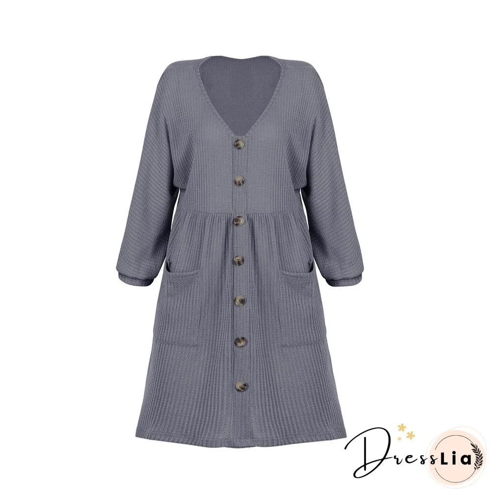V-Neck Buttoned Loose Knit Hem Mini Dresses