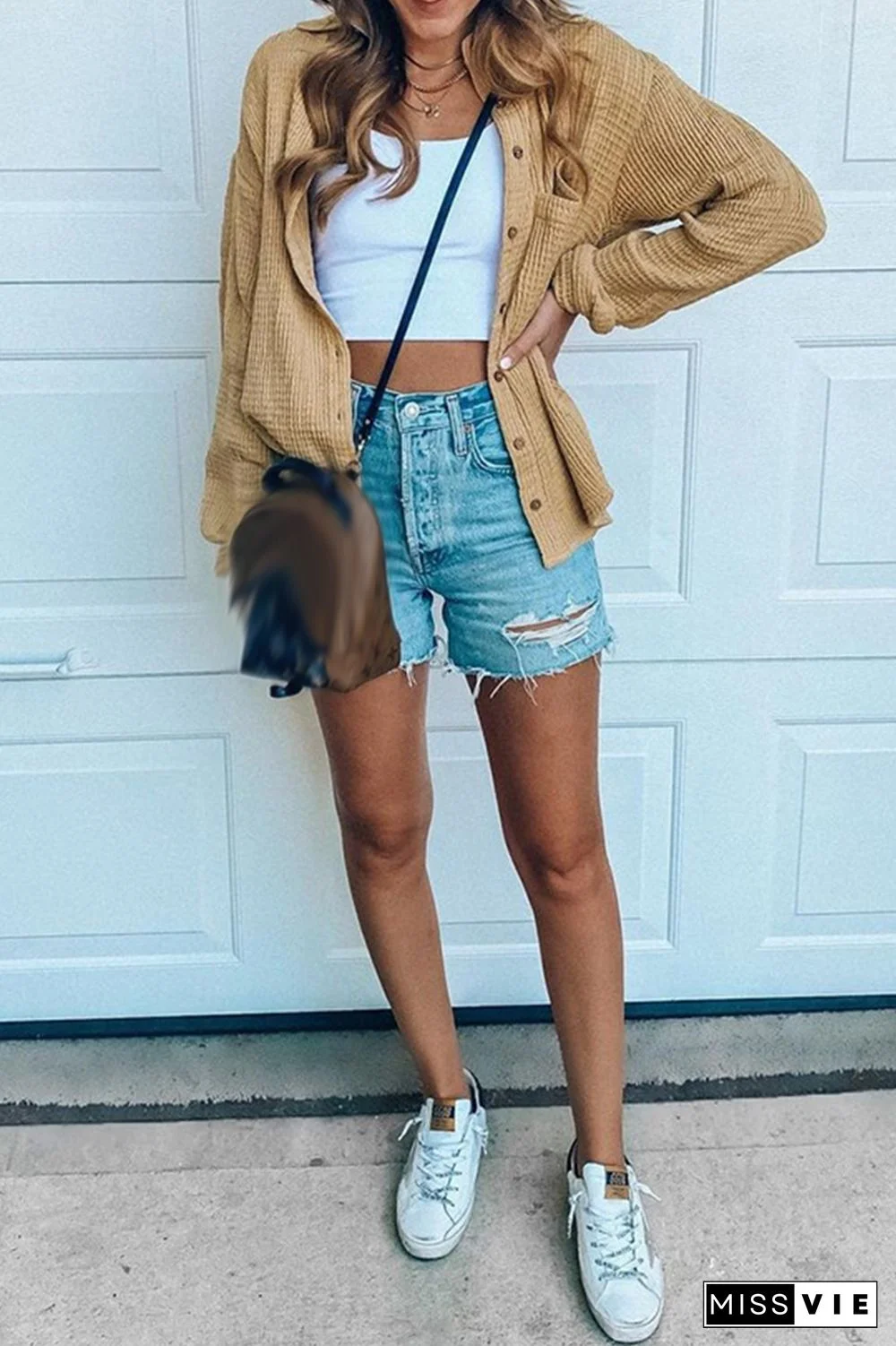 Casual Solid Patchwork Turndown Collar Tops