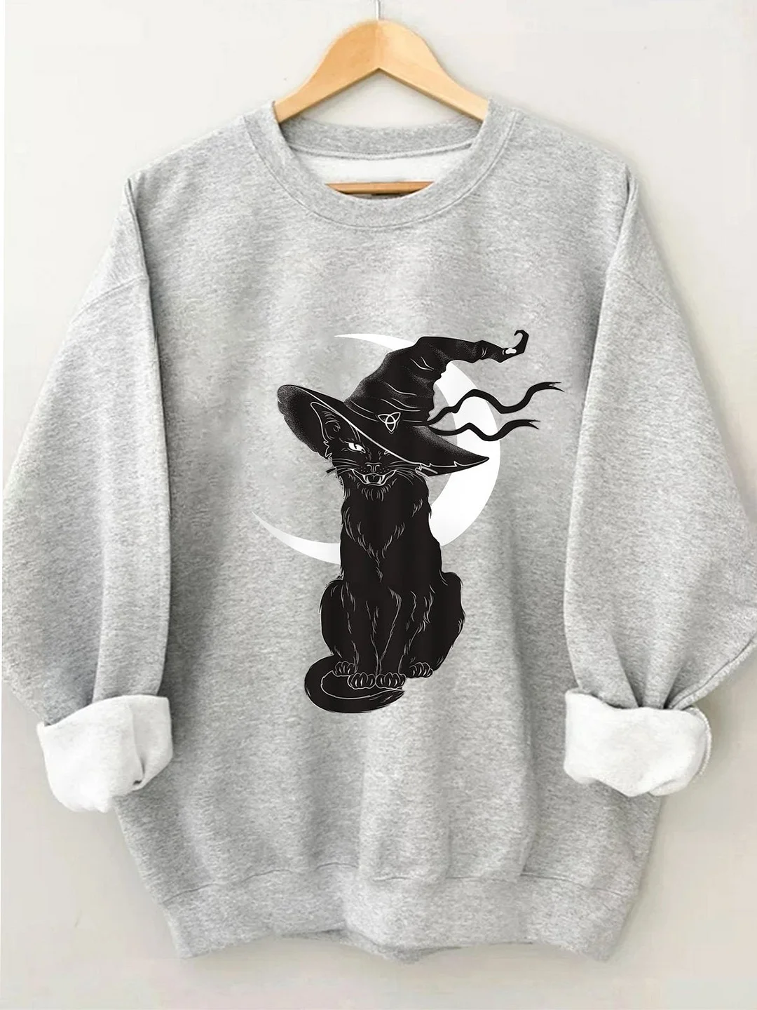 Women's Moon Cat Witch  Fit Crew Neck Halloween Long Sleeve Sweatshirt