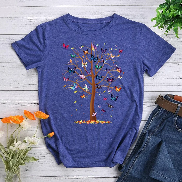 Butterfly Tree Romantic Healing Round Neck T-shirt-0019290