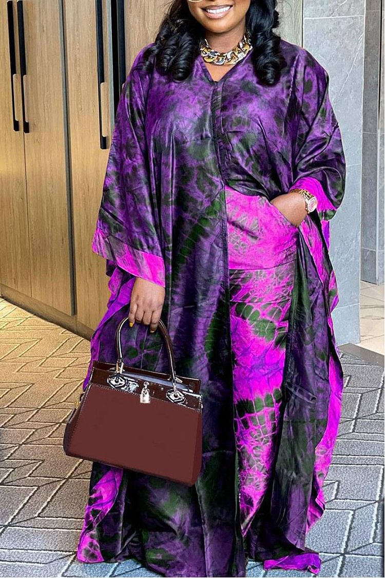 Plus Size Purple Semi Formal All Over Print Kimono Two Pieces Pants Set [Pre-Order]