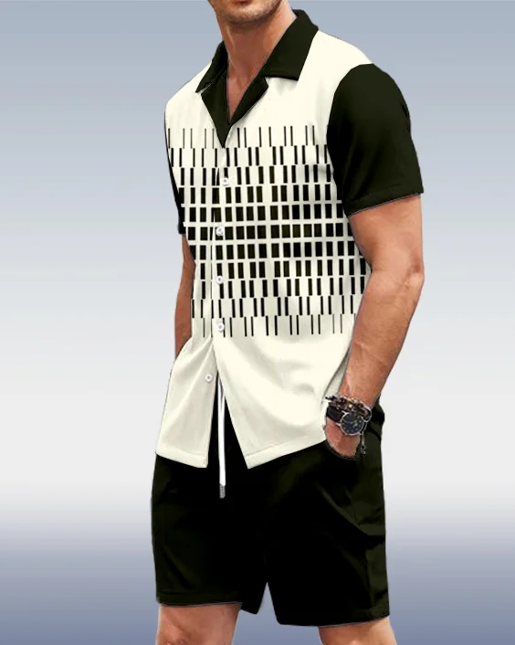 Suitmens Men's Simple Geometric Art Short Sleeve Shirt Set  0237