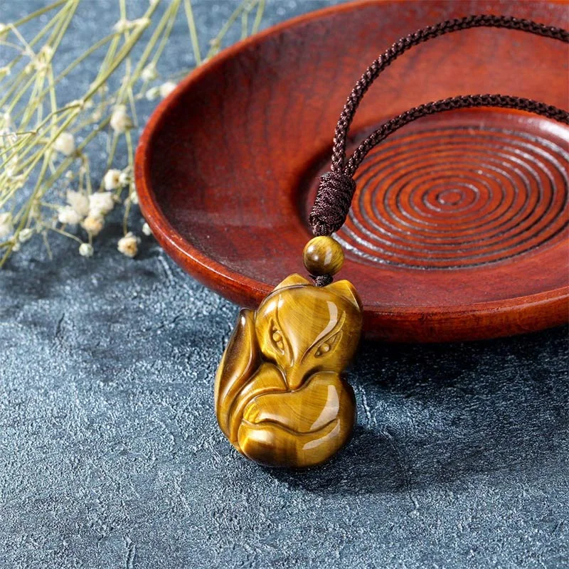 Natural Black Obsidian Tiger Eye Ice Obsidian Fox Pendant Amulet Necklace