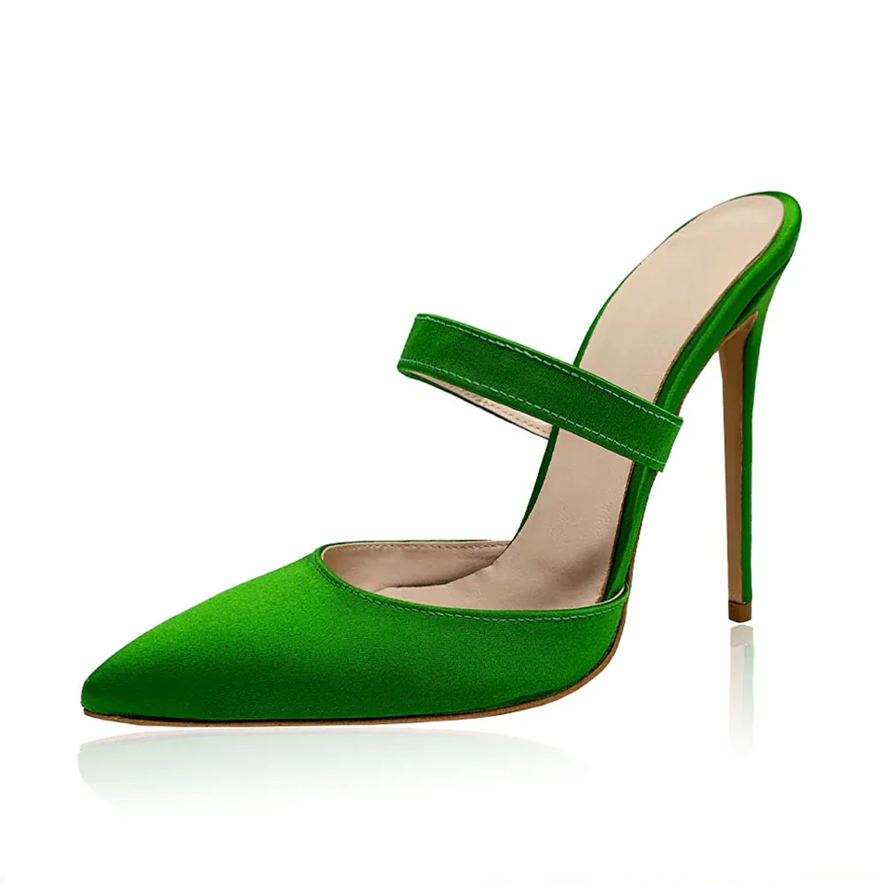Pointy Toe Slip On Stiletto Heel Green Strap Women's Mules Shoes