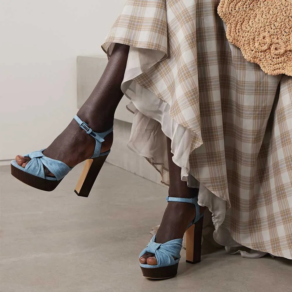 Blue Denim Platform Ankle Strap Women's Heel Sandals with Knot