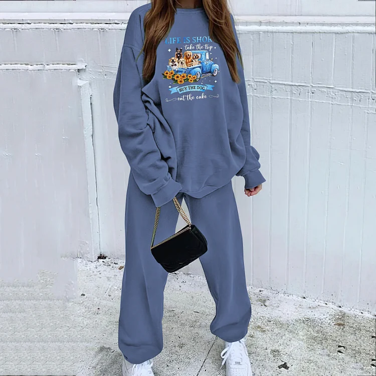 Casual Pet Dog Print Sweatshirt Two Piece Set