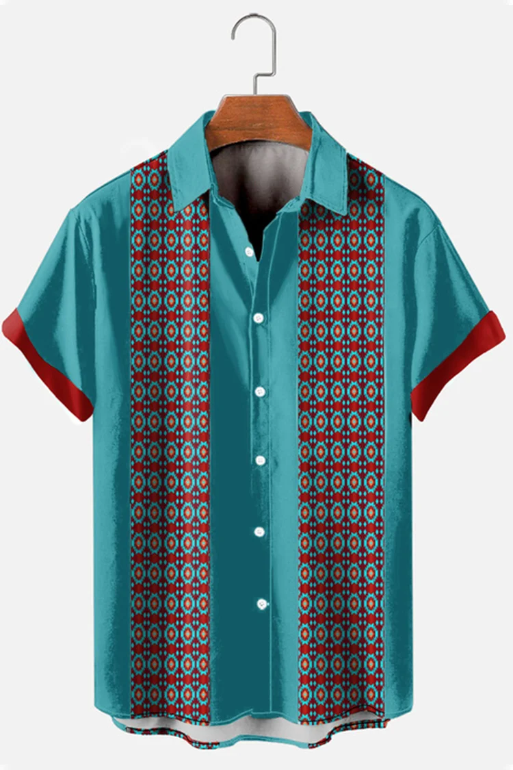 Ethnic Colorblock Casual Short Sleeve Shirt