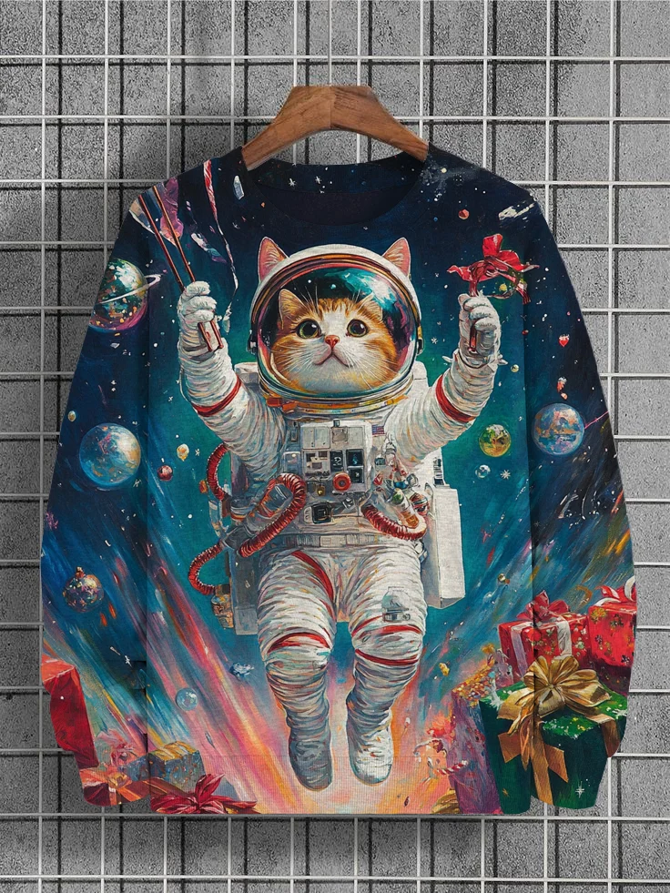 Men's Cat Astronaut Outer Space Christmas Gift Print Casual Sweatshirt