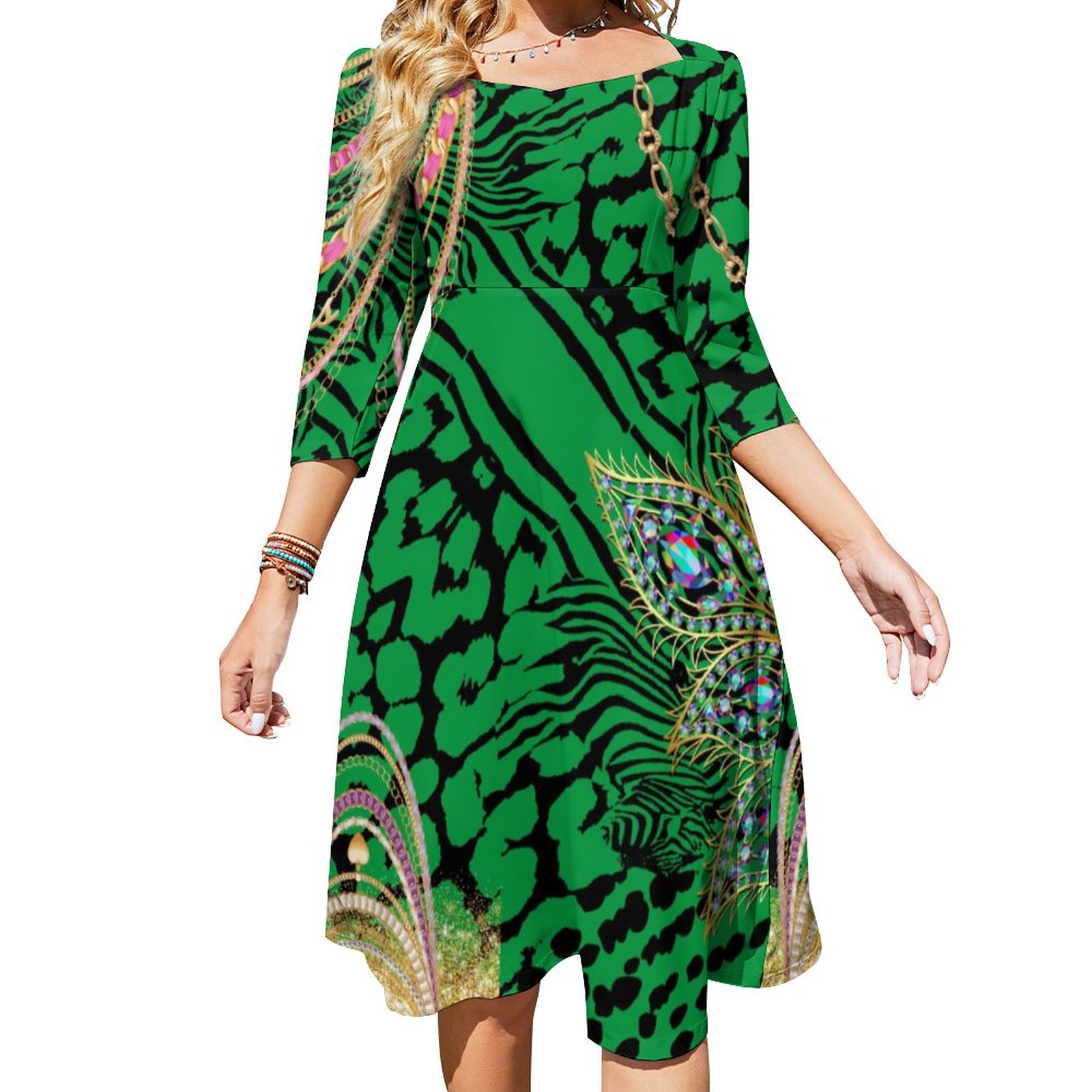Wild Animal Safari Emerald Green Gold Dress Sweetheart Tie Back Flared 3/4 Sleeve Midi Dresses