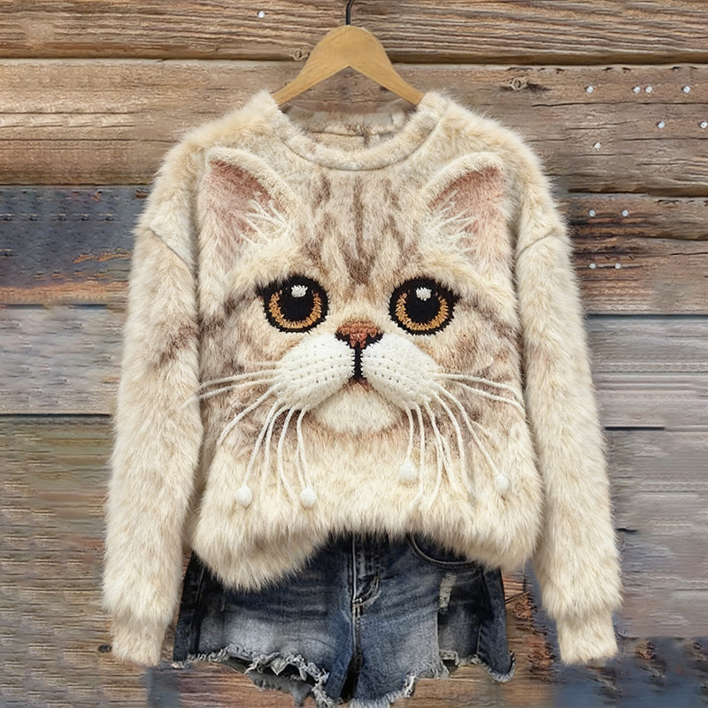 Women's Cute Cat Pattern Flannel Sweatshirt wearshes