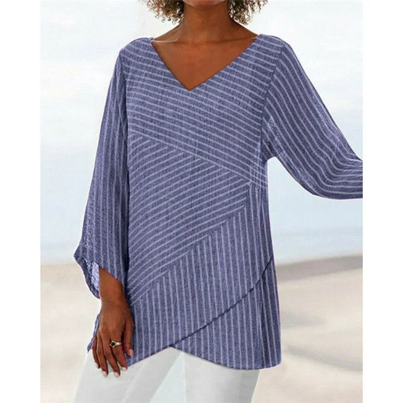Gentillove Elegant Striped Cross Criss Blouse Casual Long Sleeve V Neck Linen Baggy Shirt Vintage Linen Tunic Tops Streetwear