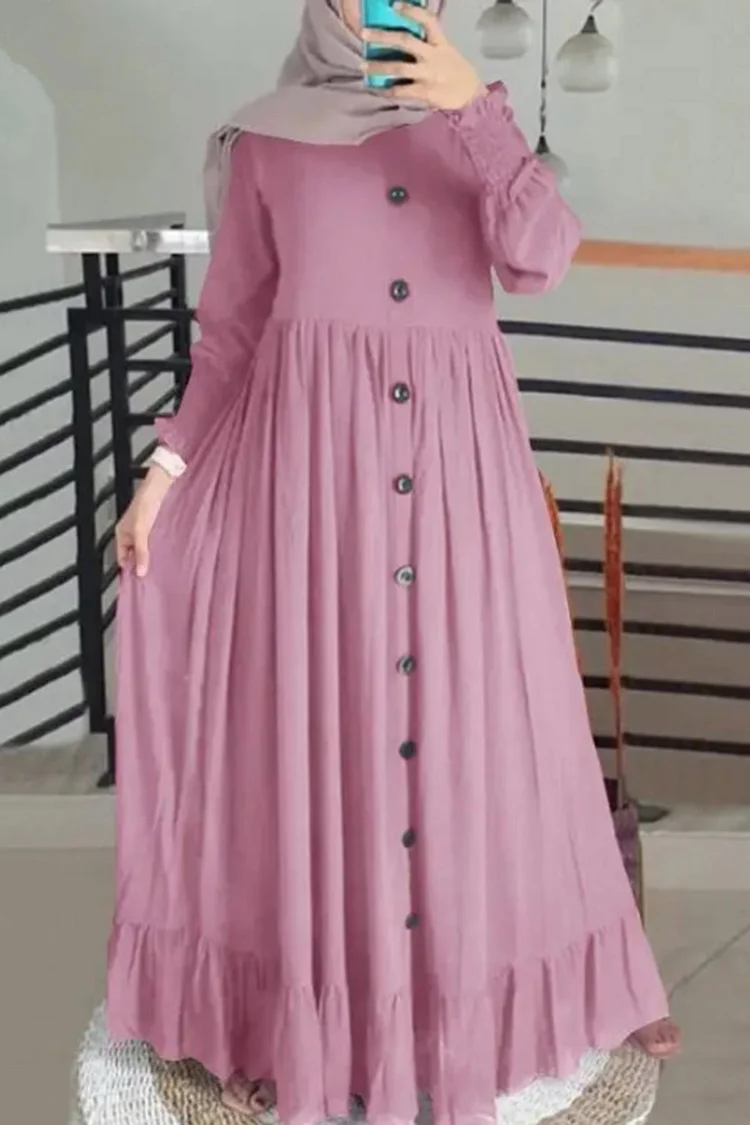 Casual Button Fold Solid Lone Sleeve Maxi Dress