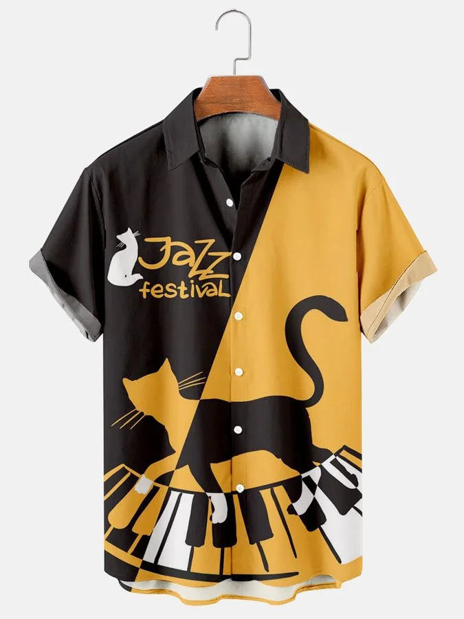 Men's Vintage Heat Guitar Patchwork Contrast Short Sleeve Hawaiian Shirt