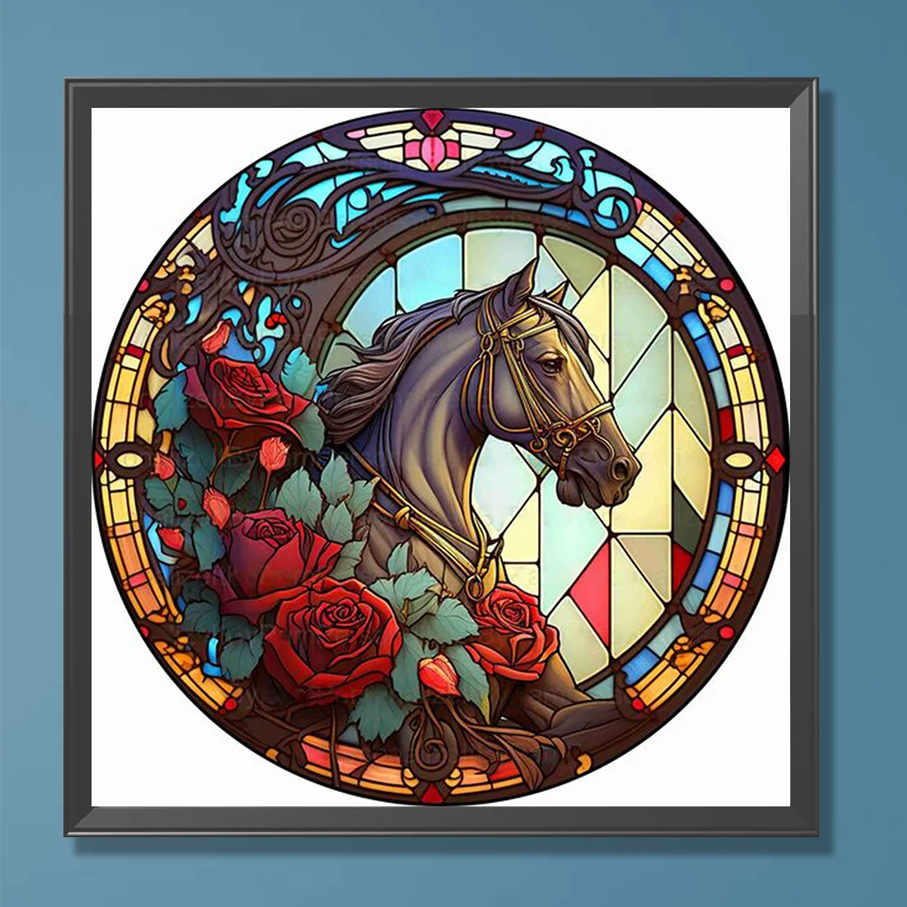 Diamond Painting - Full Round Drill - Stained Glass Rose Horse(30*30cm)