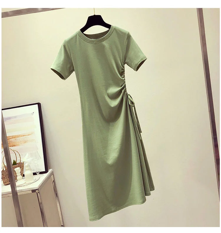 Uveng Uveng Green Dress 2024 Summer New Ins Waist Show Thin Rope Foreign Korean Version Student T-Shirt Skirt Female