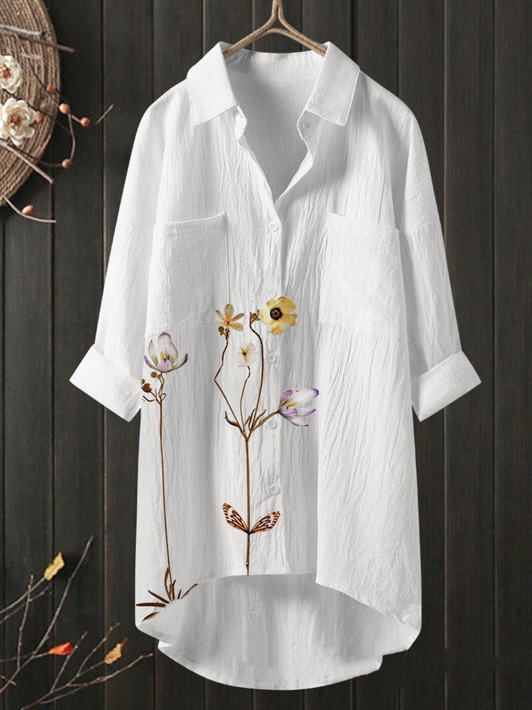 Floral Print Cotton Linen Hemp Shirt Blouse