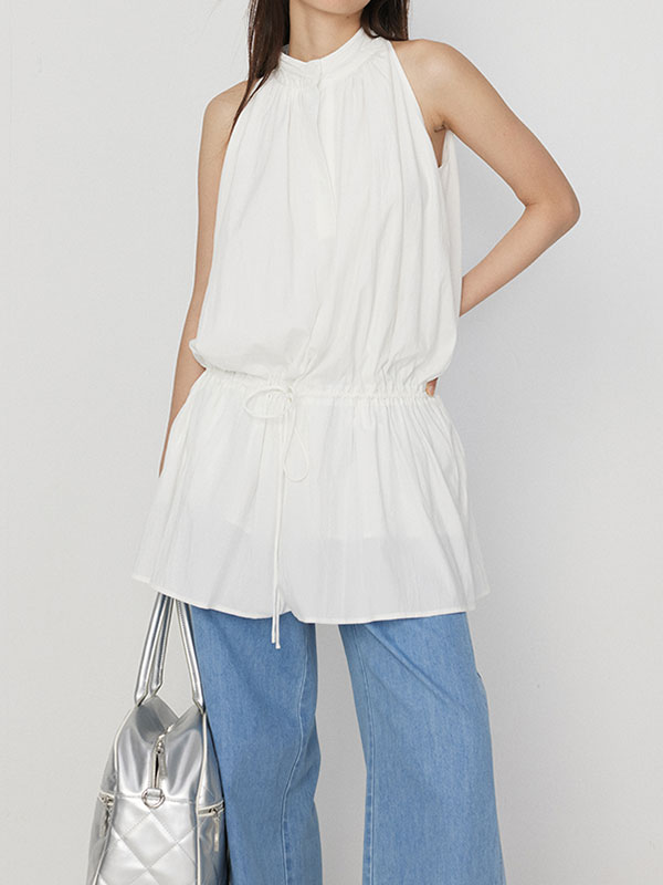 Drawstring Waist Sleeveless Solid Color Mini Dress