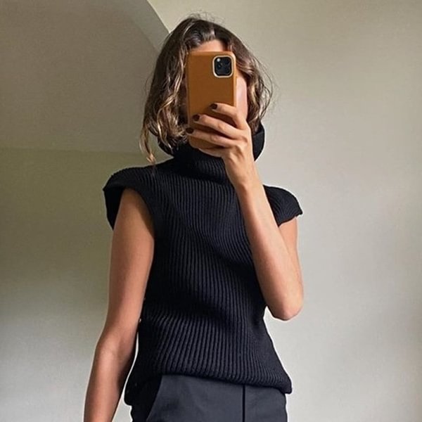 Turtleneck Sleeveless Women Vest Sweater 2020 White Shoulder pads Pullover Knitted Loose 2020 Autumn Winter Casual Jumper - Shop Trendy Women's Fashion | TeeYours