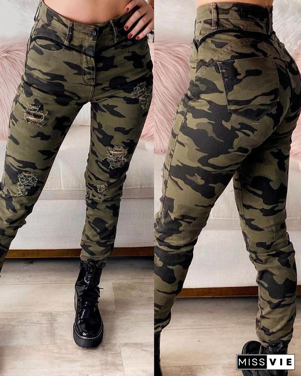 High Waist Camouflage Print Cutout Pants