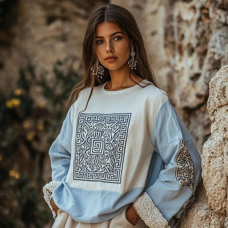 Vintage Greek Key Motif Patchwork Lace Cotton Linen Contrast Shirt