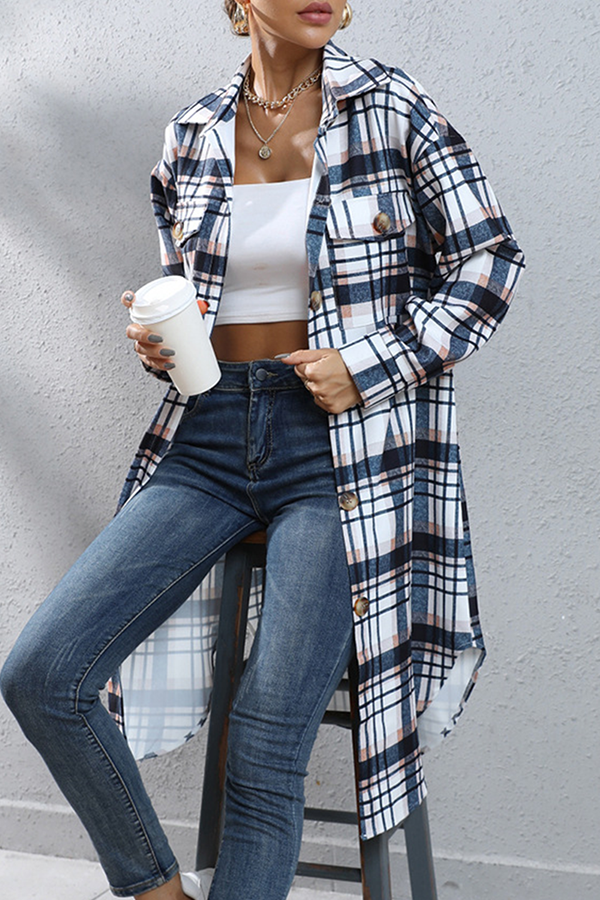 Casual Street Plaid Pocket Buckle Turndown Collar Outerwear - Life is Beautiful for You - SheChoic
